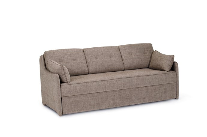 Bäddsoffa i brunt tyg från Hovden visas som 3-sits