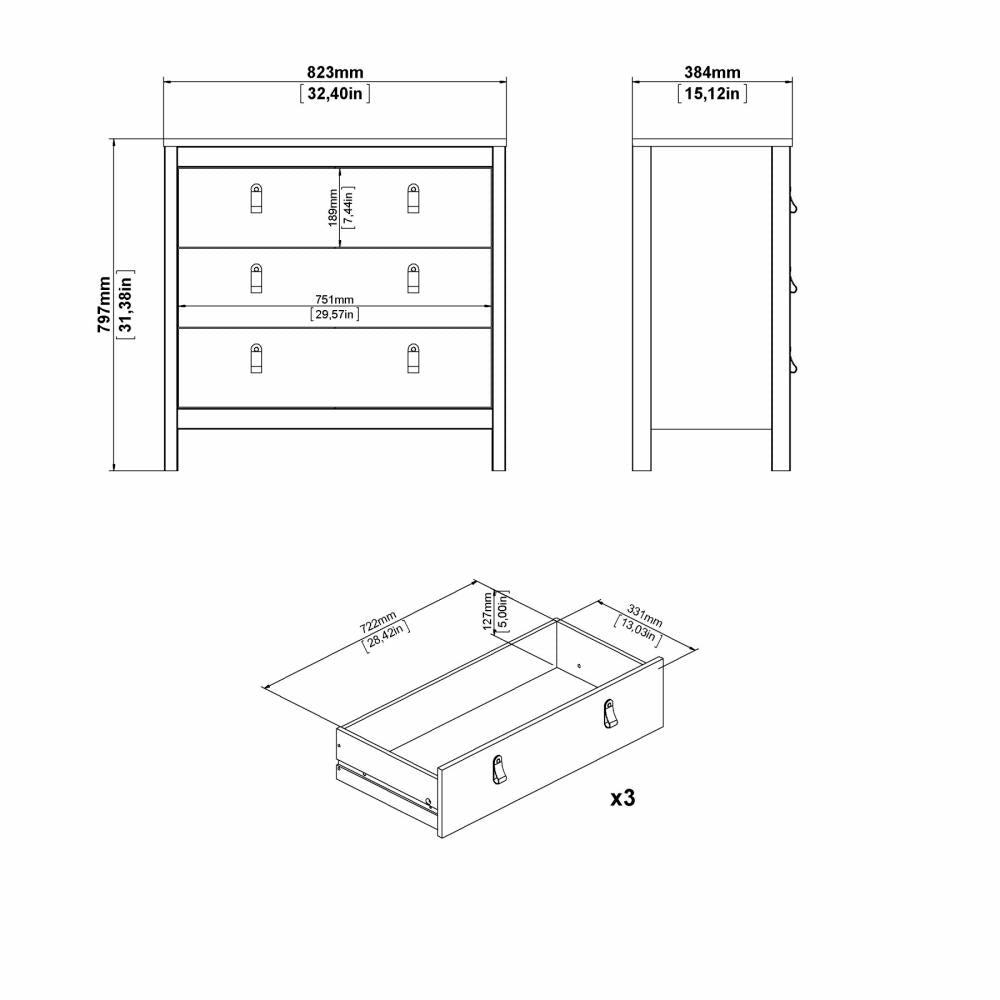 Madrid byrå 3-lådor Greige