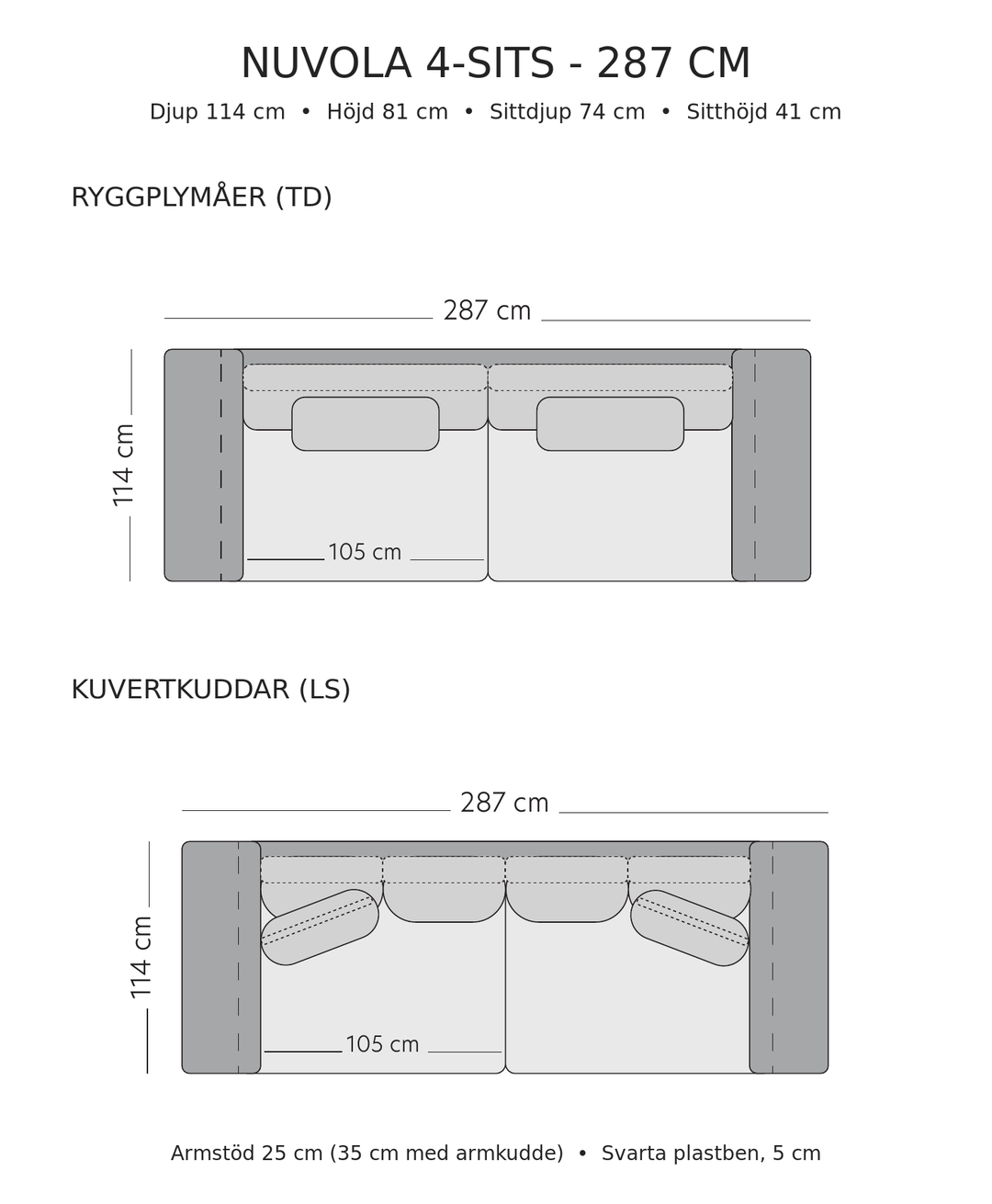 Måttskiss för Nuvola 4-sits soffa, 287 cm bred