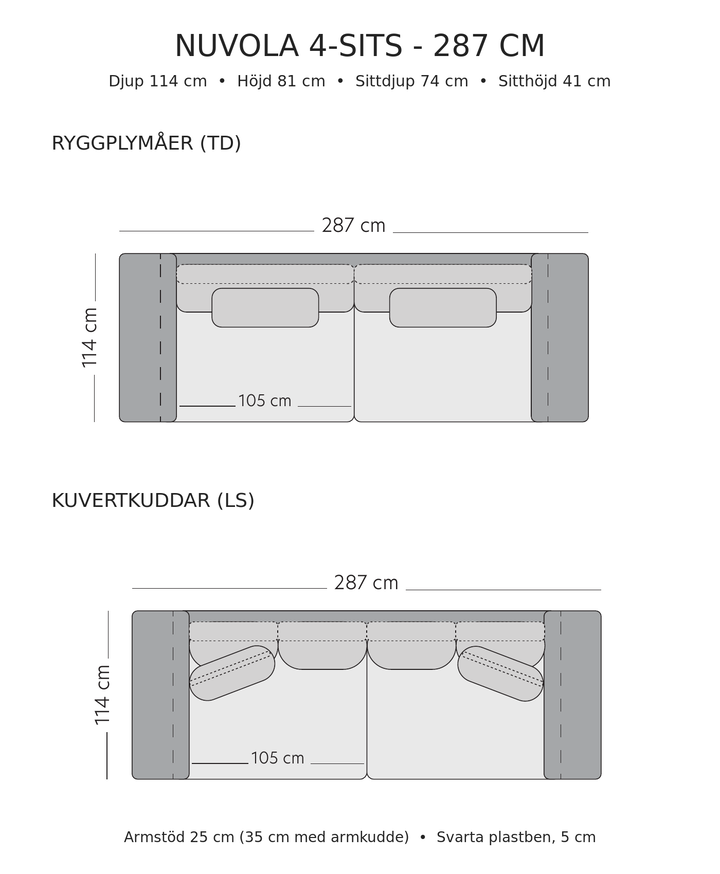 Måttskiss för Nuvola 4-sits soffa, 287 cm bred